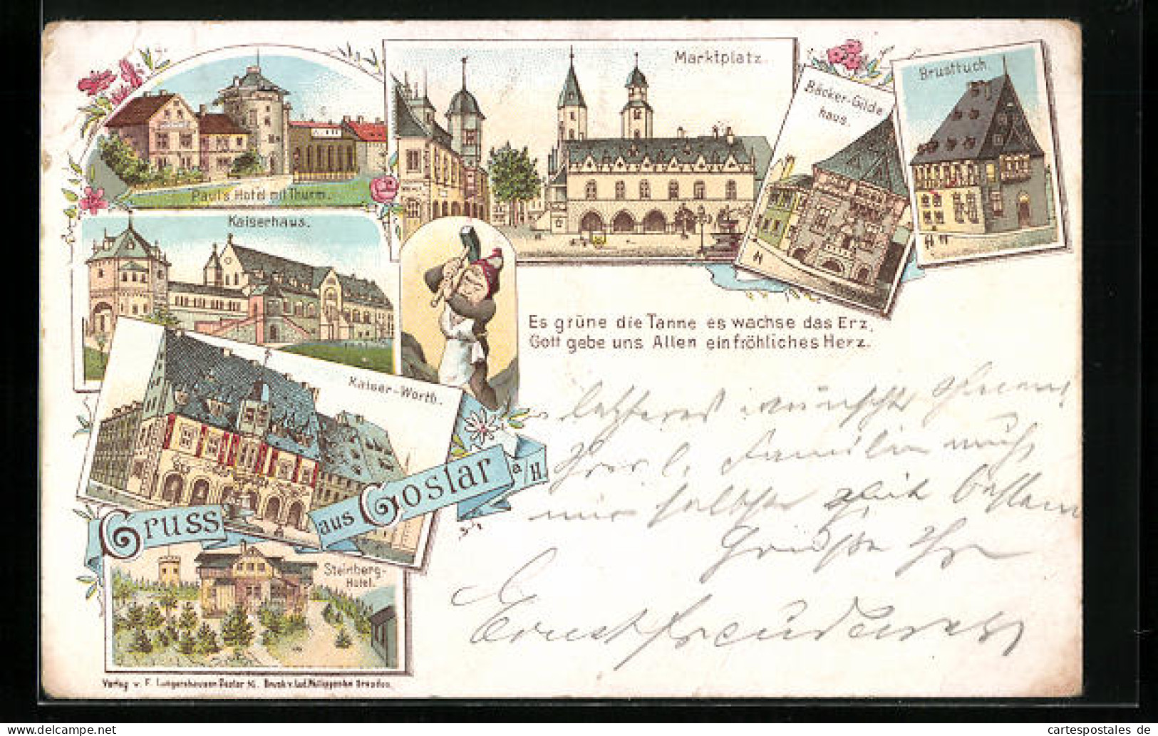 Lithographie Goslar, Kaiserhaus, Pauls Hotel Mit Urm, Marktplatz  - Goslar