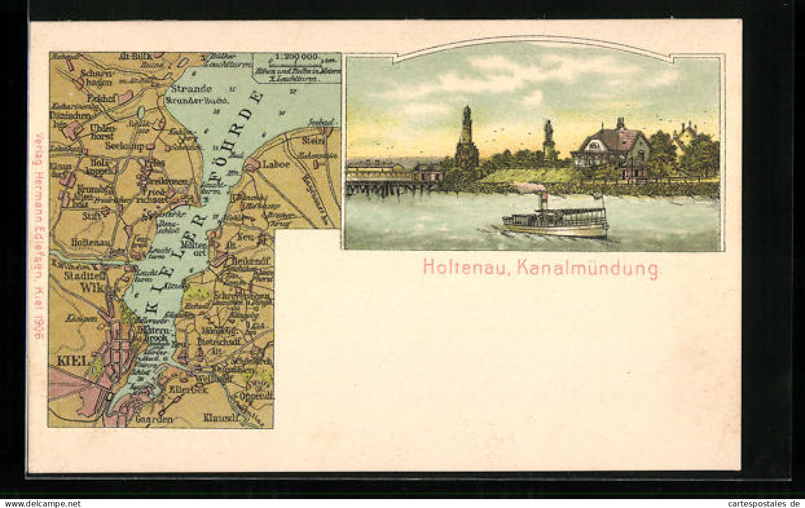 Künstler-AK Holtenau, Partie An Der Kanalmündung, Karte Der Kieler Föhrde  - Cartes Géographiques