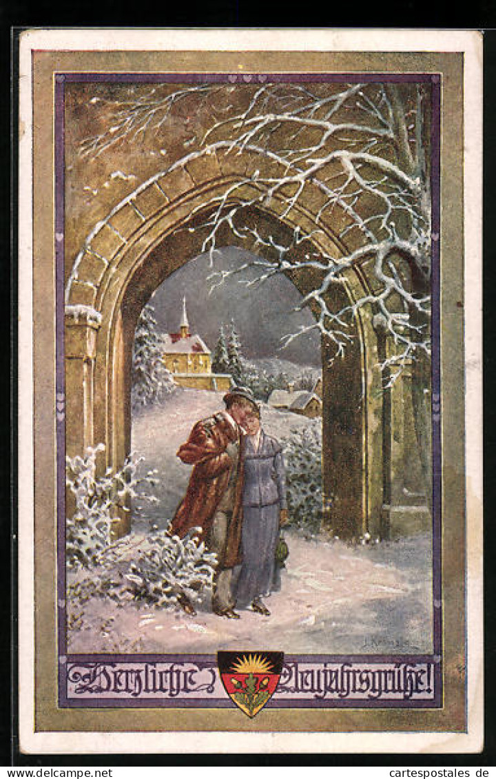 Künstler-AK Kränzle, Deutscher Schulverein Nr. 1112: Neujahrsgrüsse, Verliebtes Paar Im Schnee  - Guerra 1914-18
