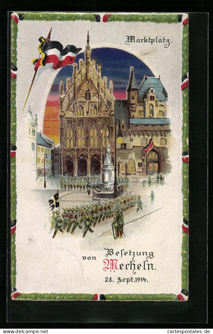 Relief-Künstler-AK Mecheln, Marktplatz Mit Soldatenparade Bei Nacht, Halt Gegen Das Licht  - War 1914-18