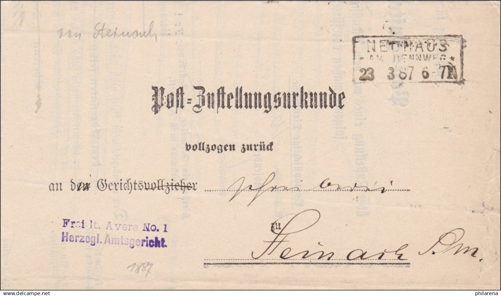 Post Zustellurkunde Neuhaus 1887 Nach Steinach - Cartas & Documentos