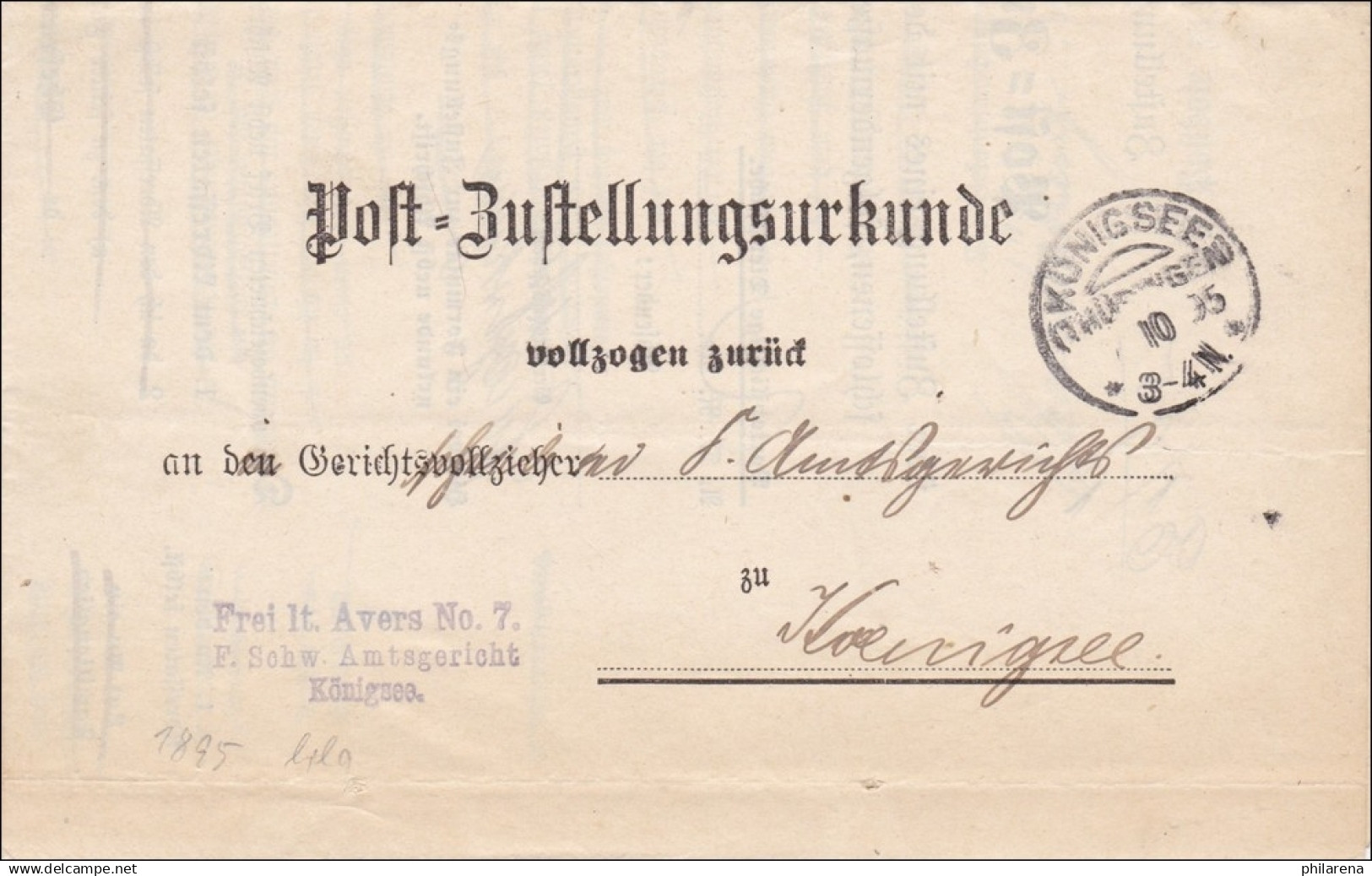 Post Zustellurkunde Königsee 1895 - Briefe U. Dokumente