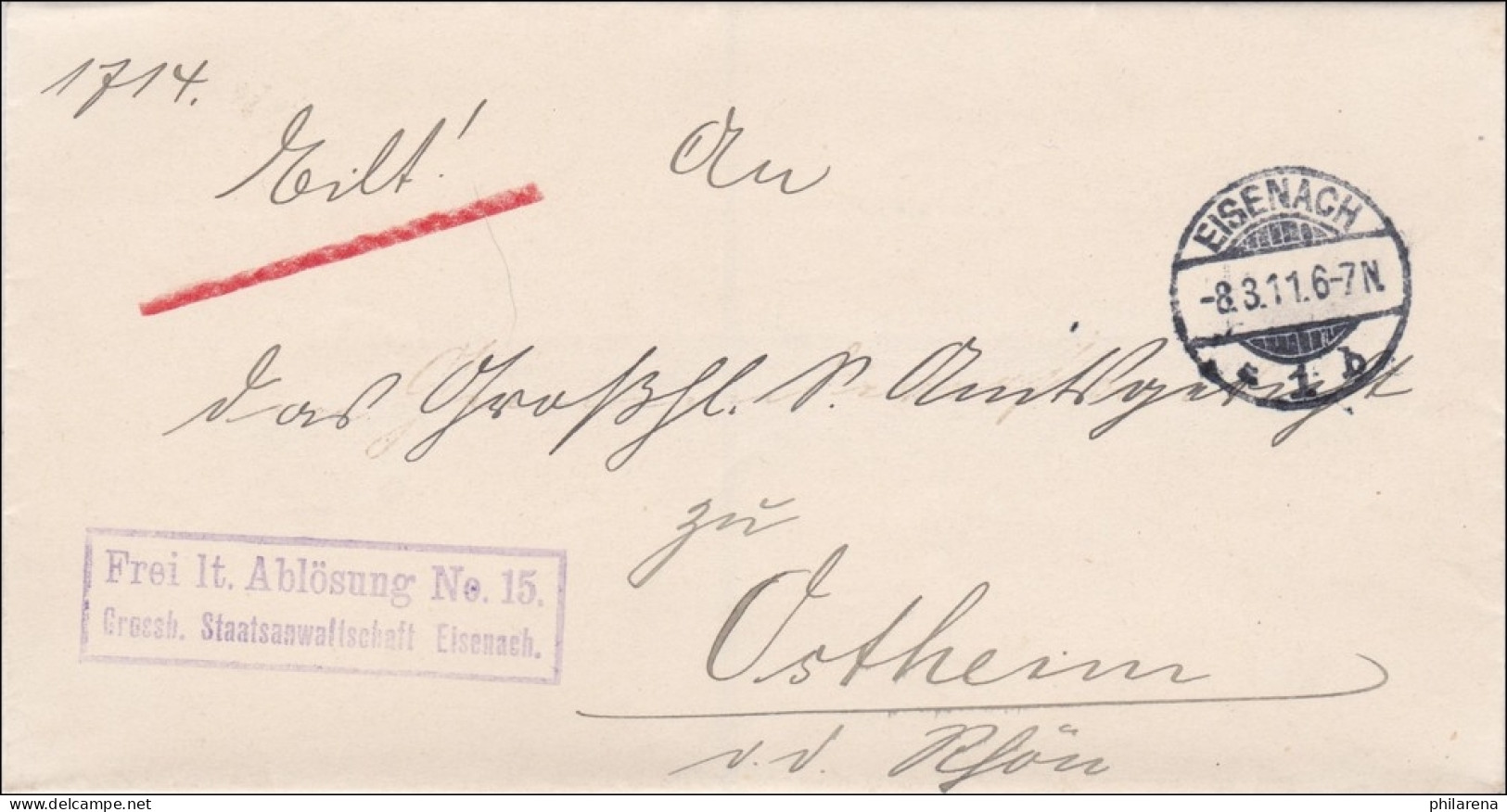 Amtsgericht Eisenach 1911 Nach Ostheim - Lettres & Documents