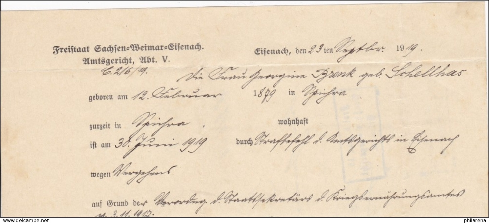 Amtsgericht Eisenach 1919 - Covers & Documents