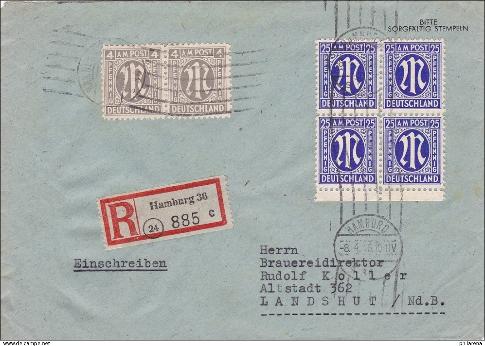 BiZone:  Einschreiben Aus Hamburg Nach Landshut - Brauerrei 1946 - Lettres & Documents