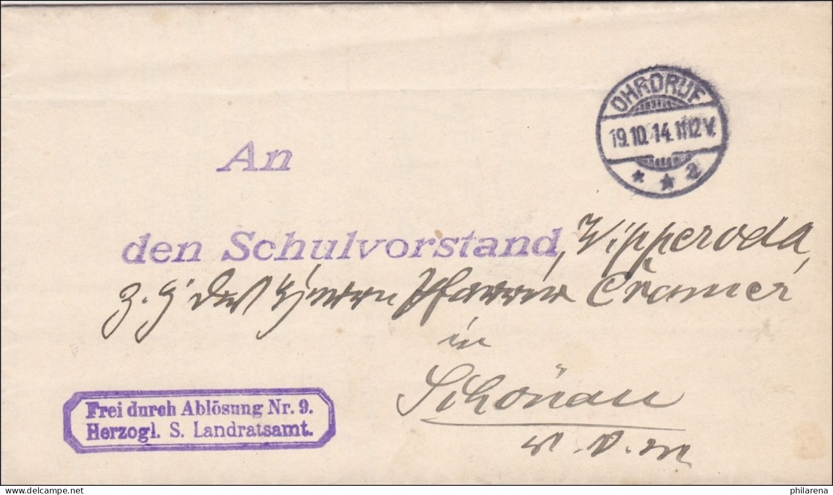 Landratsamt Ohrdruf An Schulvorstand Schönau V.d.W. 1914 - Lettres & Documents