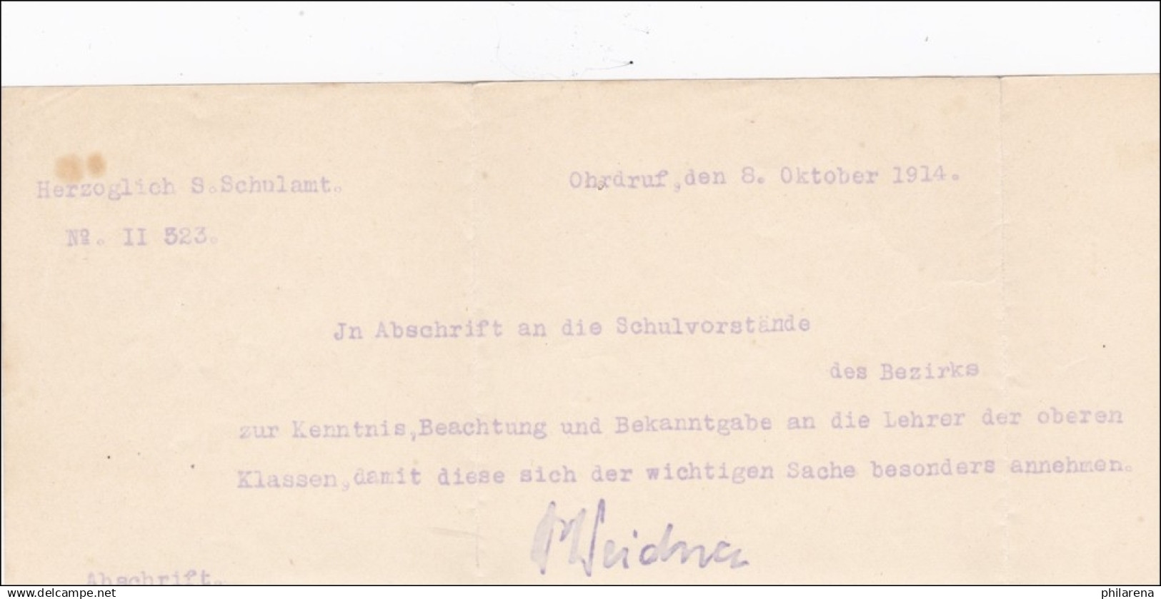 Landratsamt Ohrdruf An Schulvorstand Schönau V.d.W. 1914 - Covers & Documents