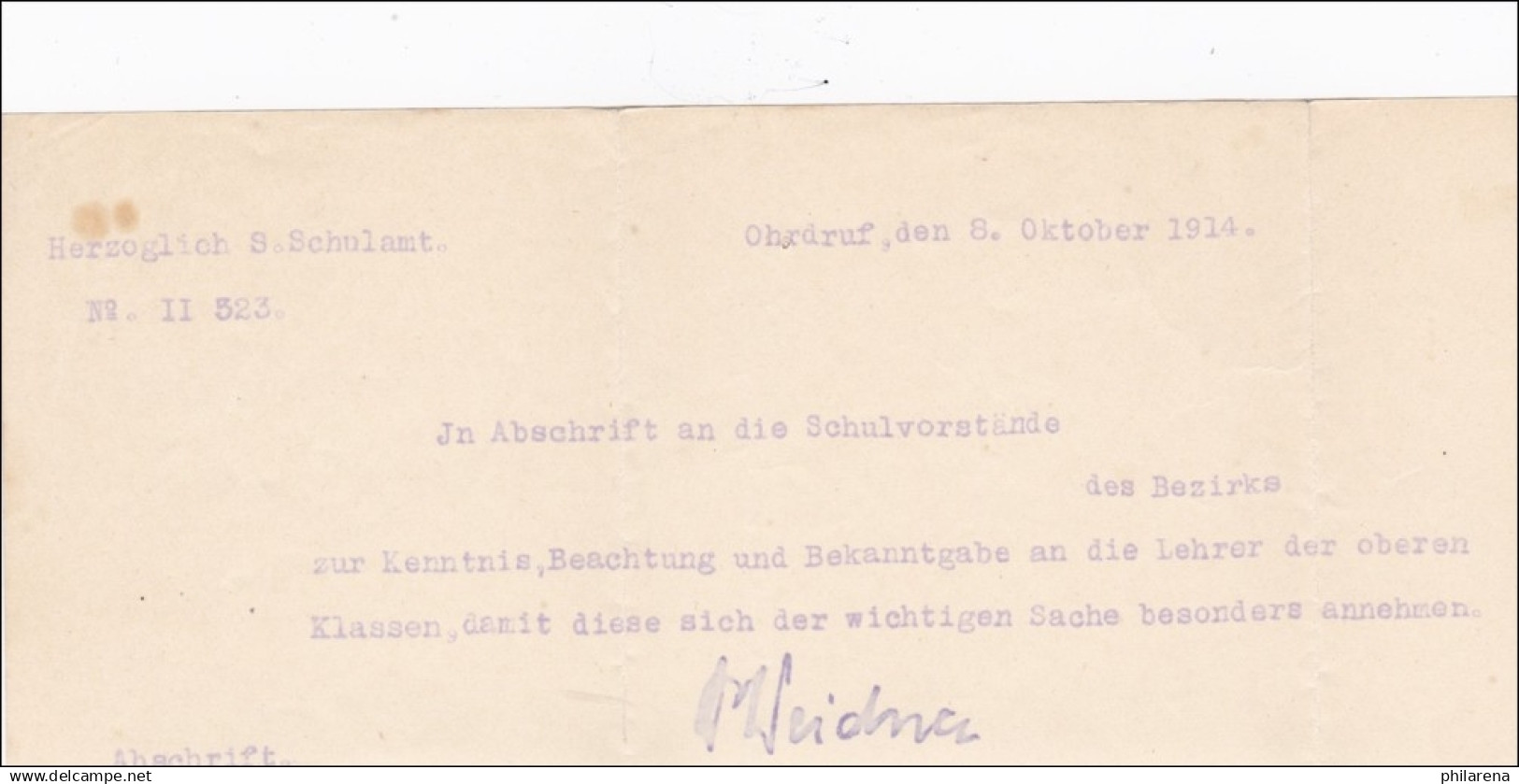 Landratsamt Ohrdruf An Schulvorstand Schönau V.d.W. 1914 - Briefe U. Dokumente