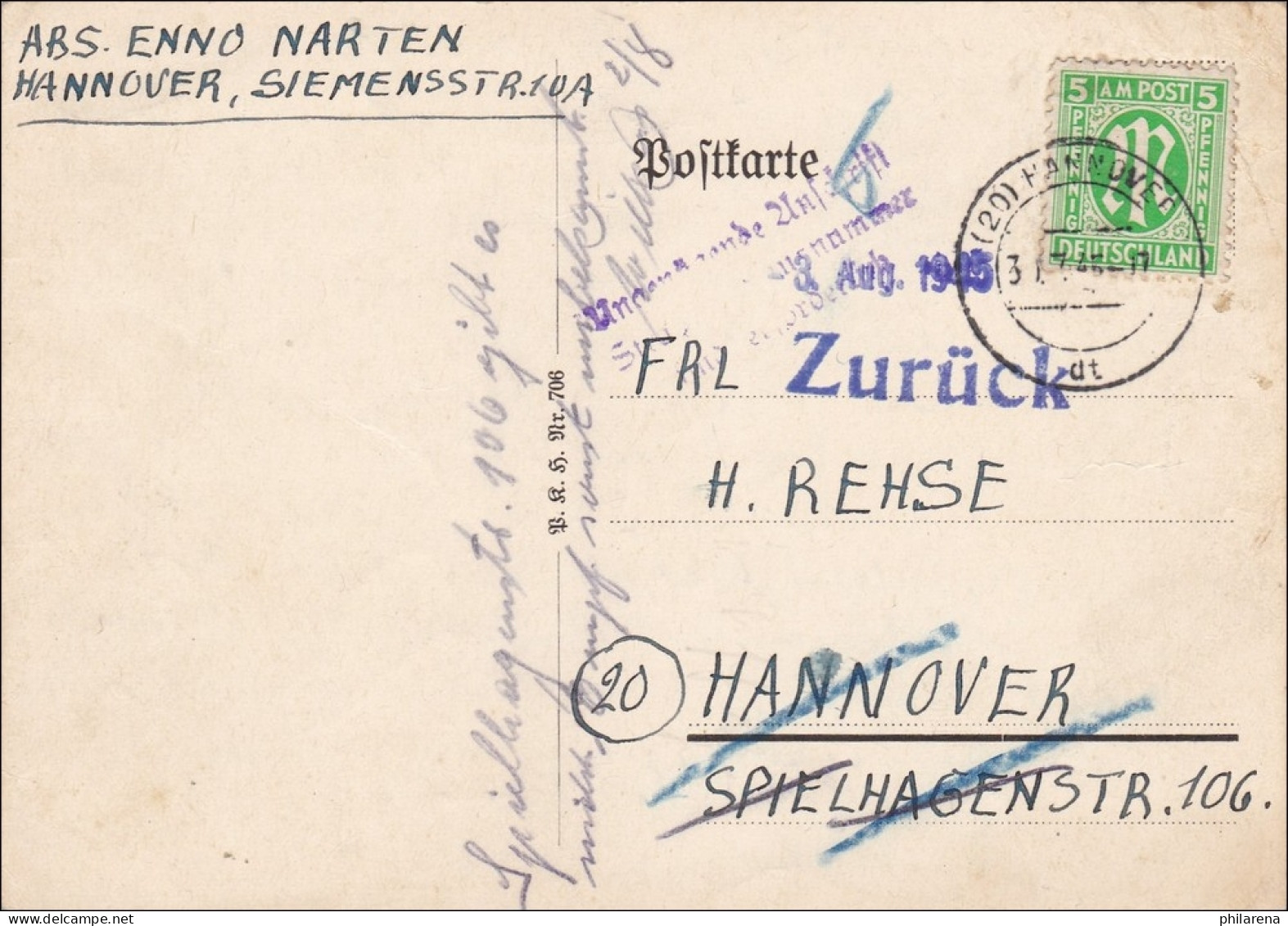 BiZone: Postkarte Hannover 1945 - Zurück - Briefe U. Dokumente