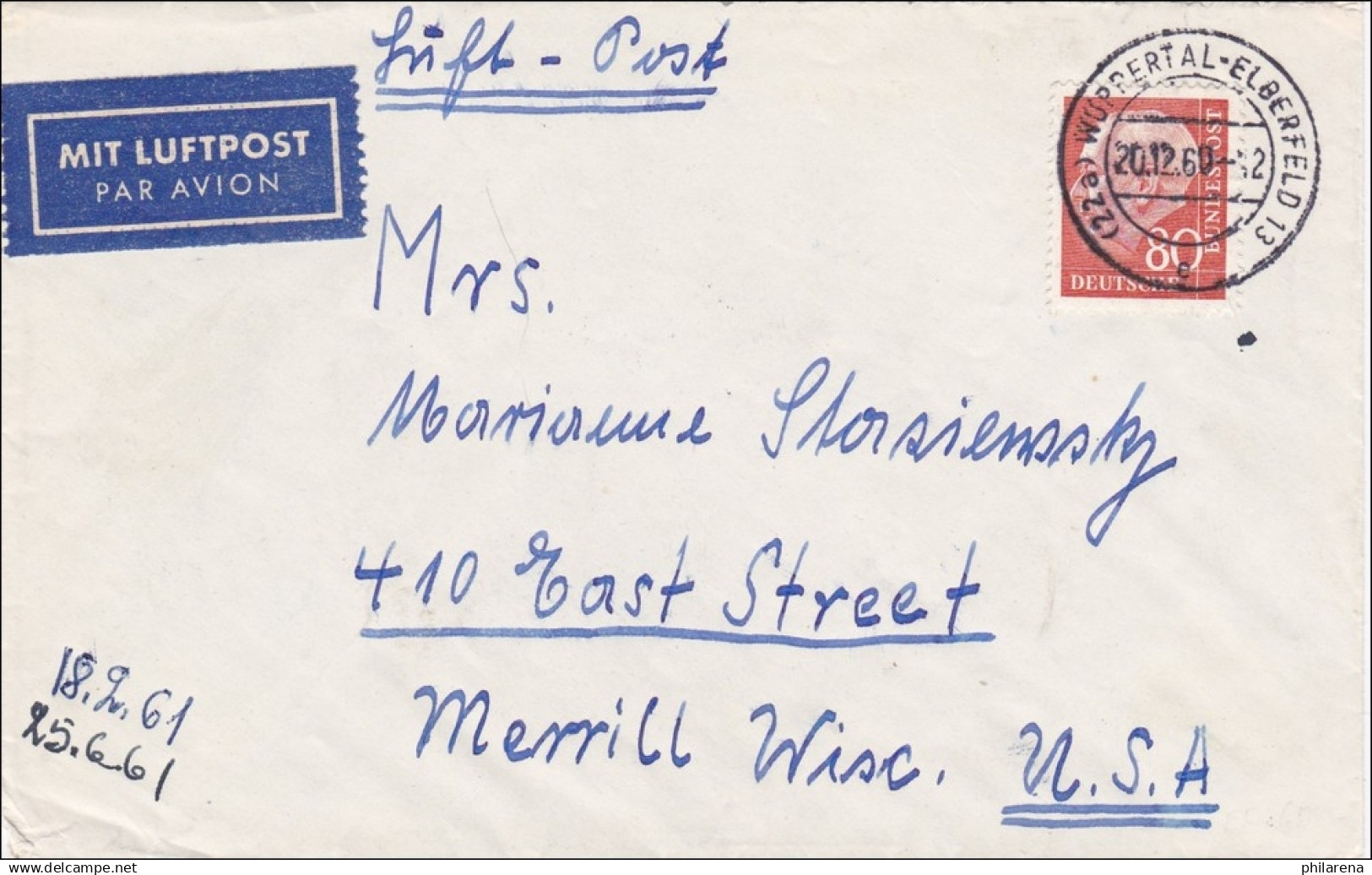 Luftpostbrief Von Wuppertal 1960 Nach USA - Lettres & Documents
