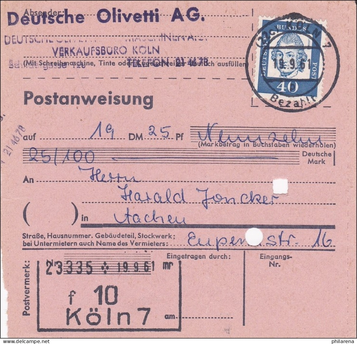 Postanweisung Olivetti AG Köln Nach Aachen - Einzelfrankatur 1961 - Briefe U. Dokumente