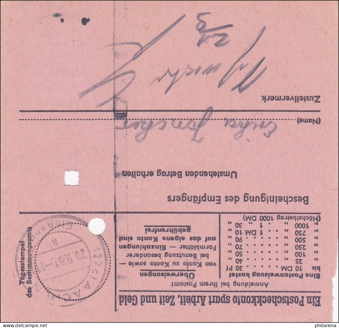 Postanweisung Olivetti AG Köln Nach Aachen - Einzelfrankatur 1961 - Briefe U. Dokumente