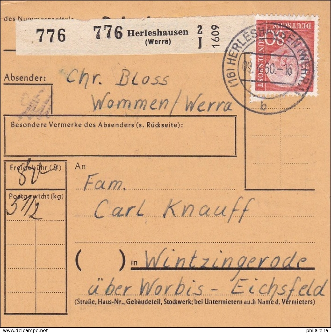 Paketkarte Von Herleshausen 1960 Nach Wintzingerode - Lettres & Documents