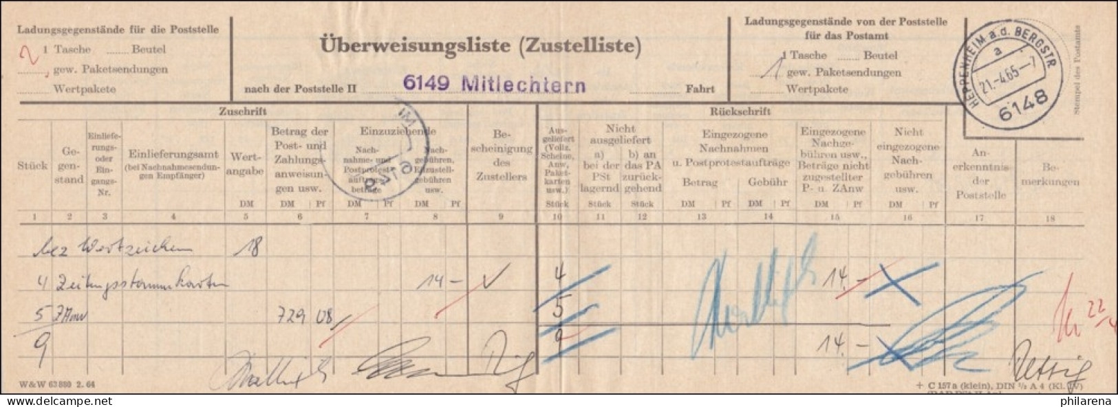 Überweisungsliste 1965 Heppenheim/Bergstrasse - Lettres & Documents