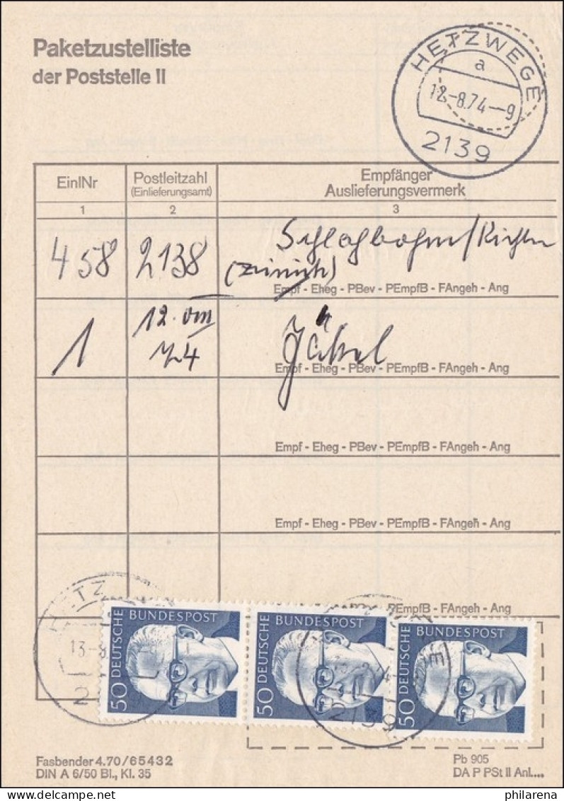 Paketzustellliste Von Hetzwege 1974 - Brieven En Documenten