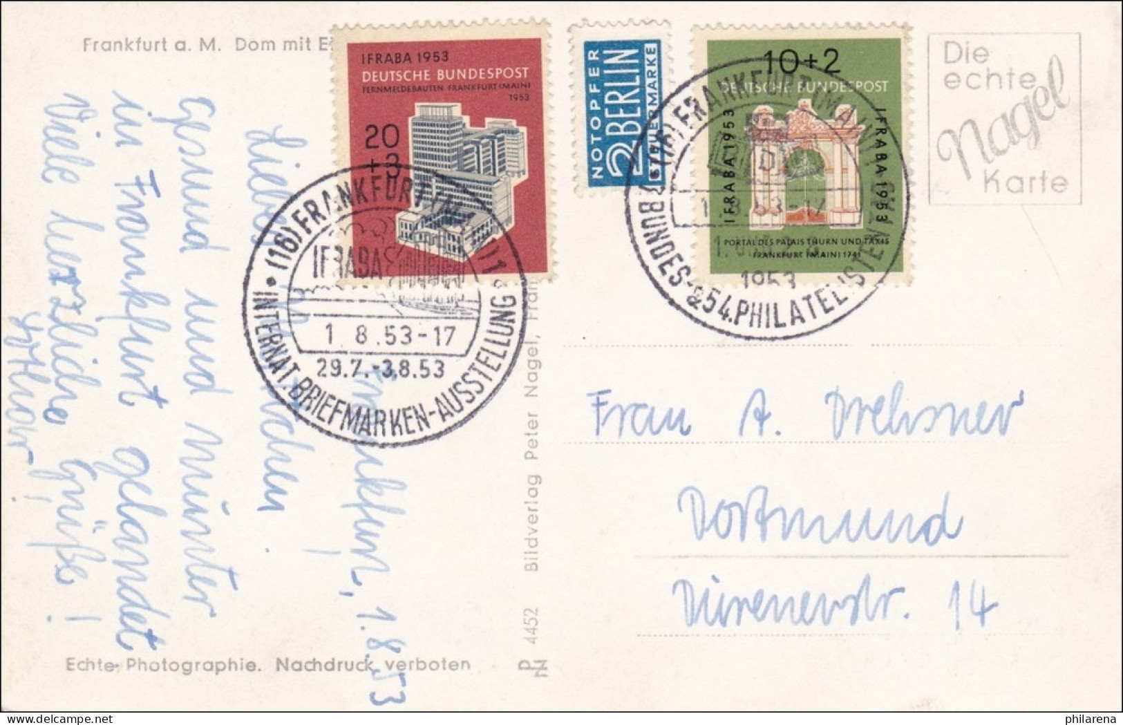 AK Frankfurt Main Nach Dortmund, Sonderstempelt Briefmarken Ausstellung 1953 - Briefe U. Dokumente