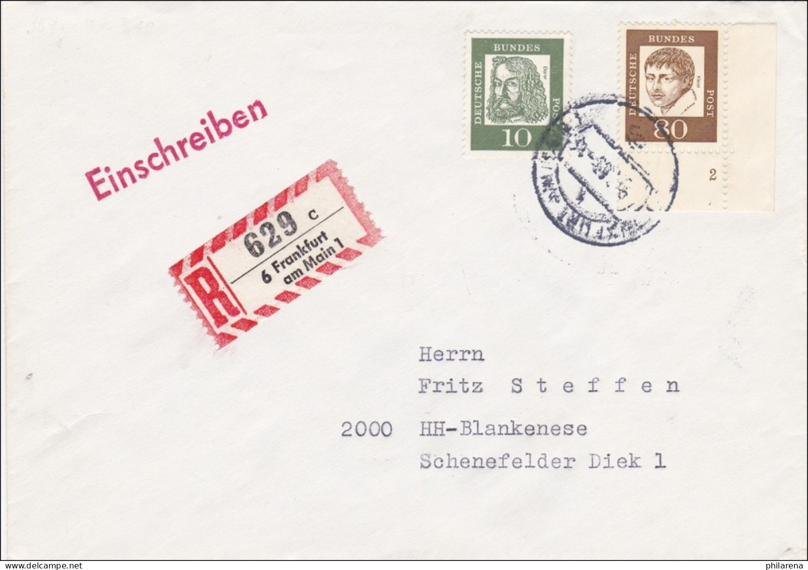 Einschreiben Aus Frankfurt Main Nach Hamburg - Eckrandmarke - Briefe U. Dokumente