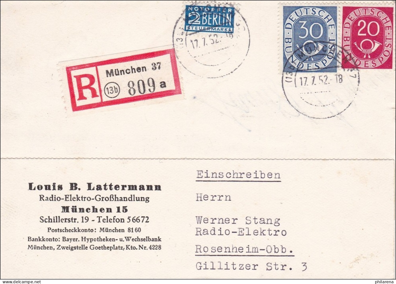 Einschreiben Von München Nach Rosenheim 1952 - Lettres & Documents