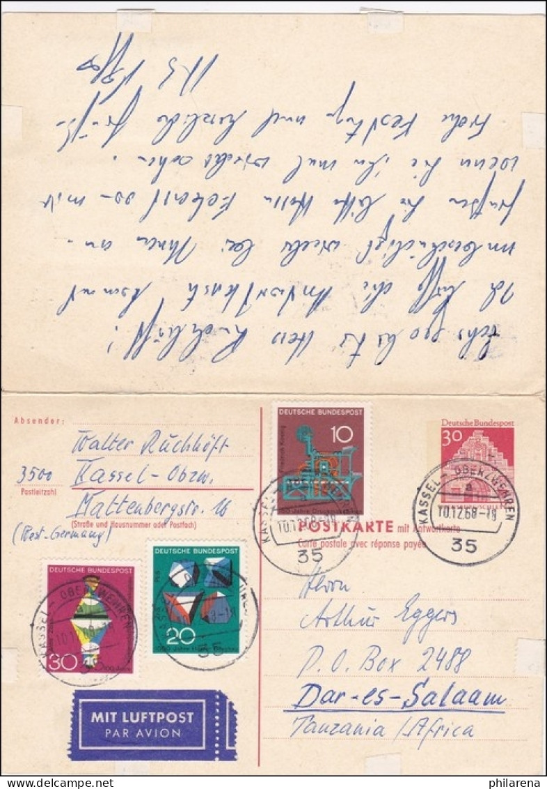 Ganzsache:  Mit Frankierter Antwort Kenya/Tansania/Dar-es-Salaam - Kassel 1968 - Briefe U. Dokumente