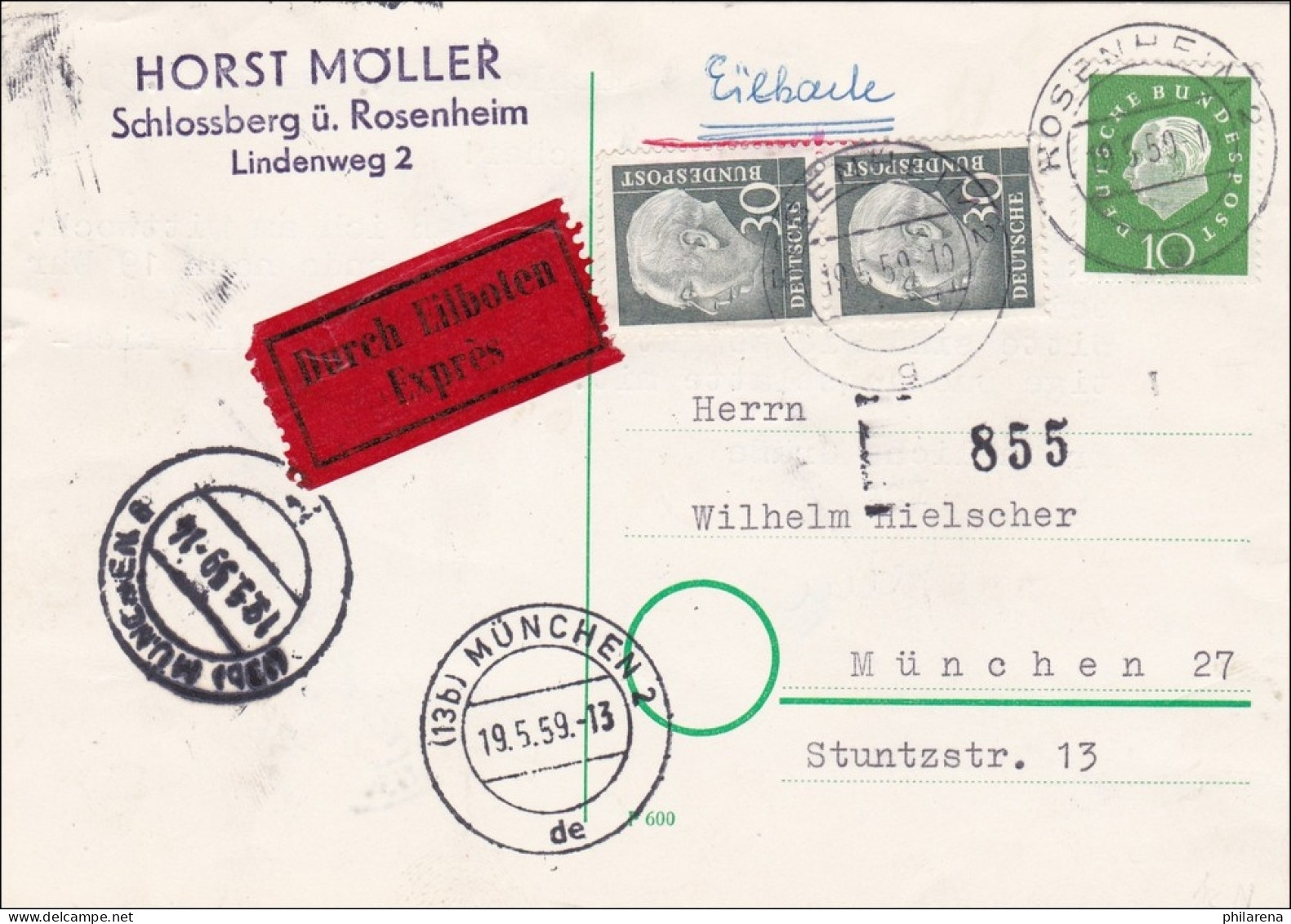Ganzsache:  Als Eilboten Von München 1959 - Lettres & Documents
