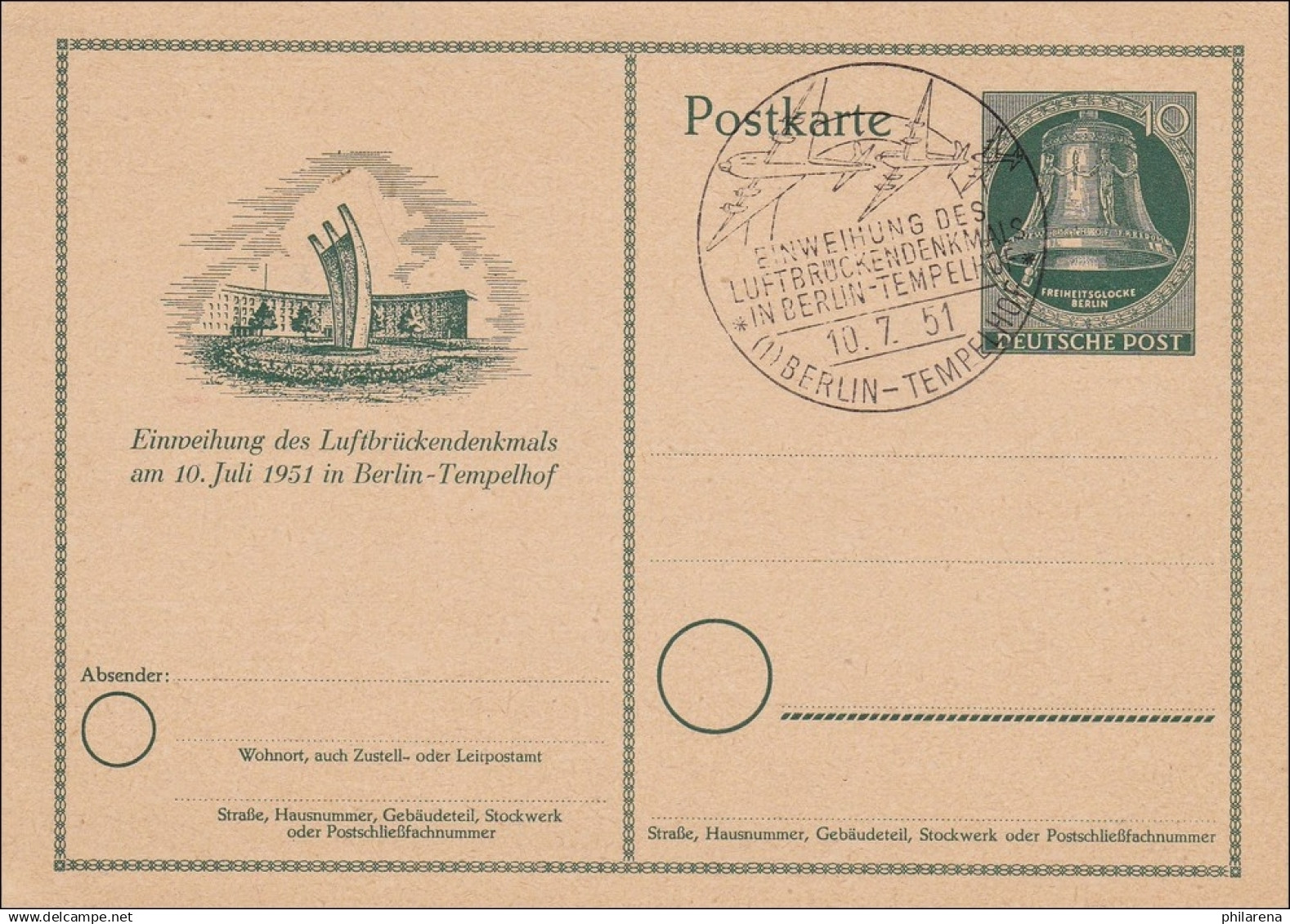 Ganzsache Mit Sonderstempel 1951 Luftbrückedenkmal, P24 - Lettres & Documents