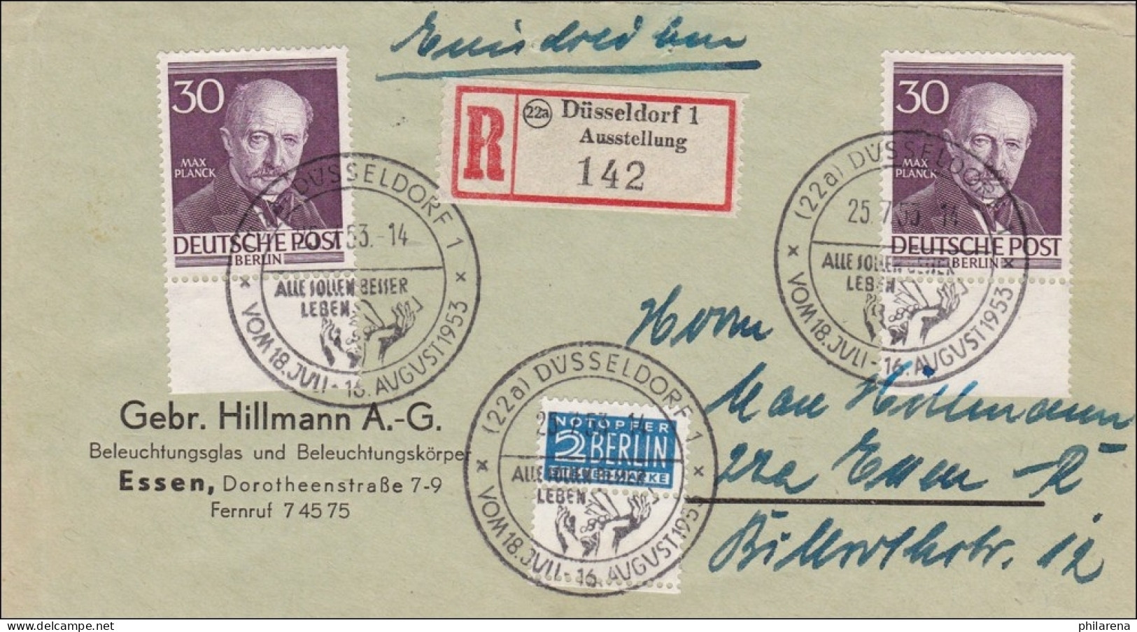 Einschreiben 1953 Nach Düsseldorf - Unterränder, MeF - Lettres & Documents