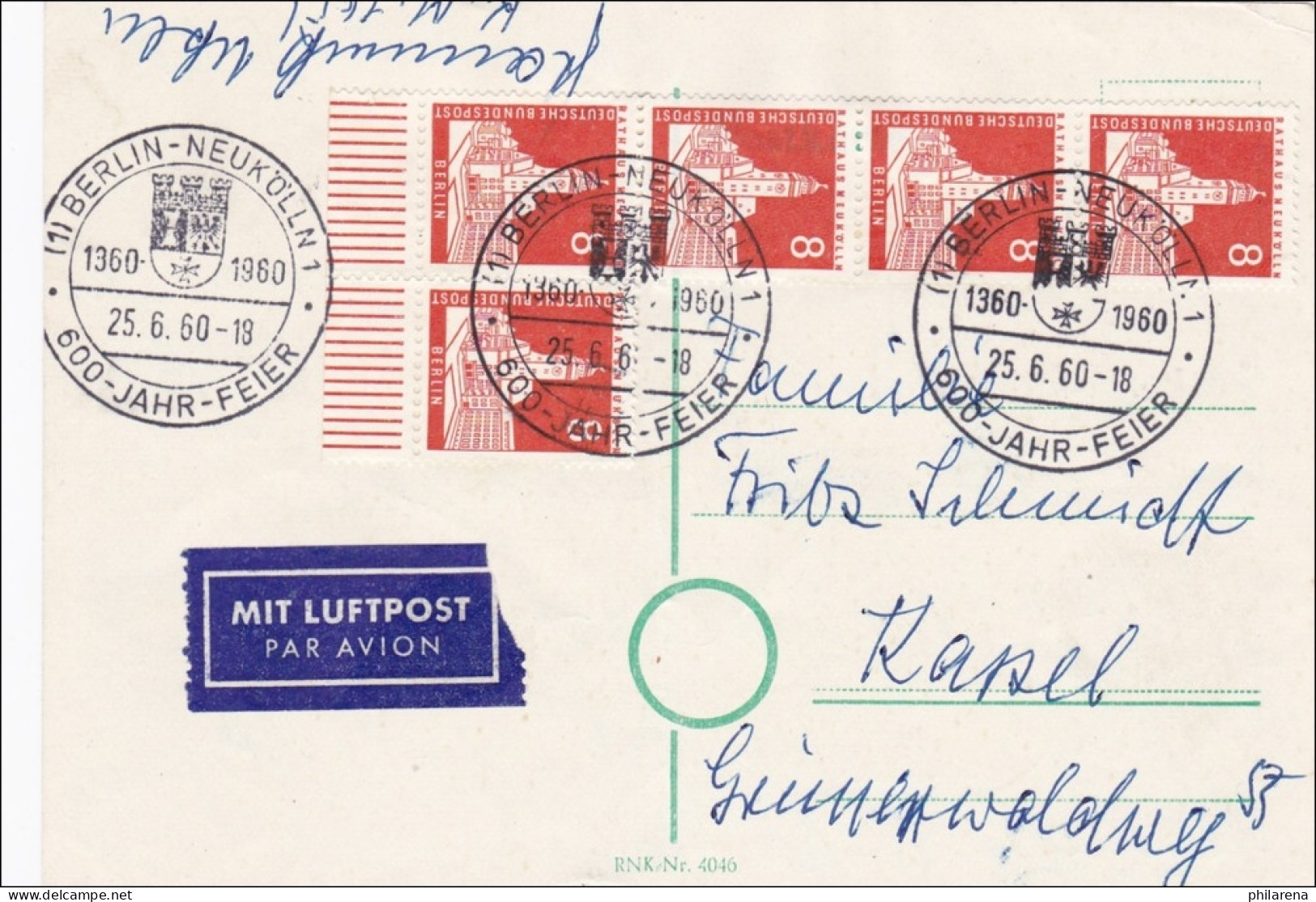 Luftpostkarte 600 Jahr Feier Neukölln 1960 Nach Kassel - Covers & Documents