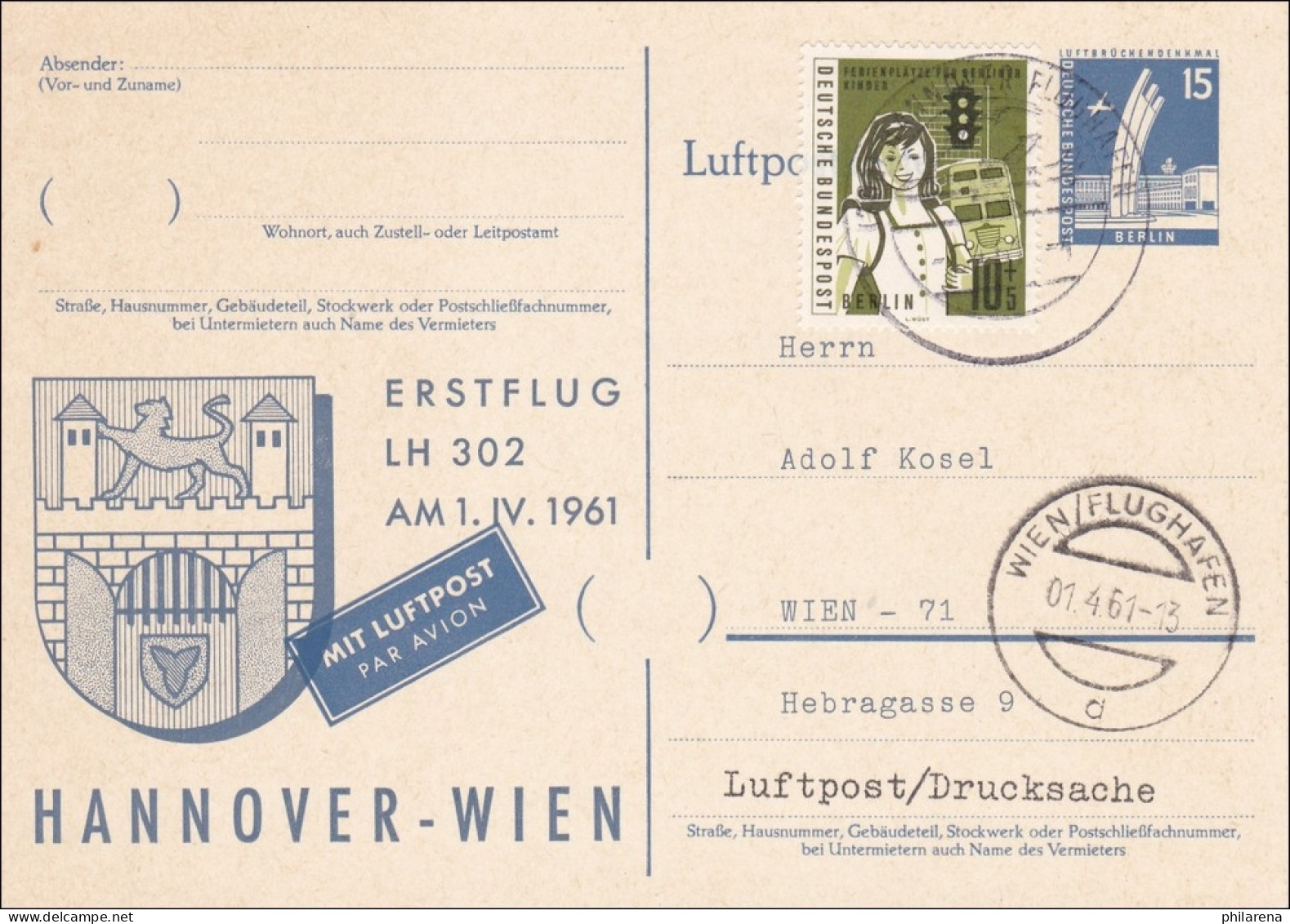 Ganzsache Erstflug LH - Hannover-Wien 1961 - Lettres & Documents
