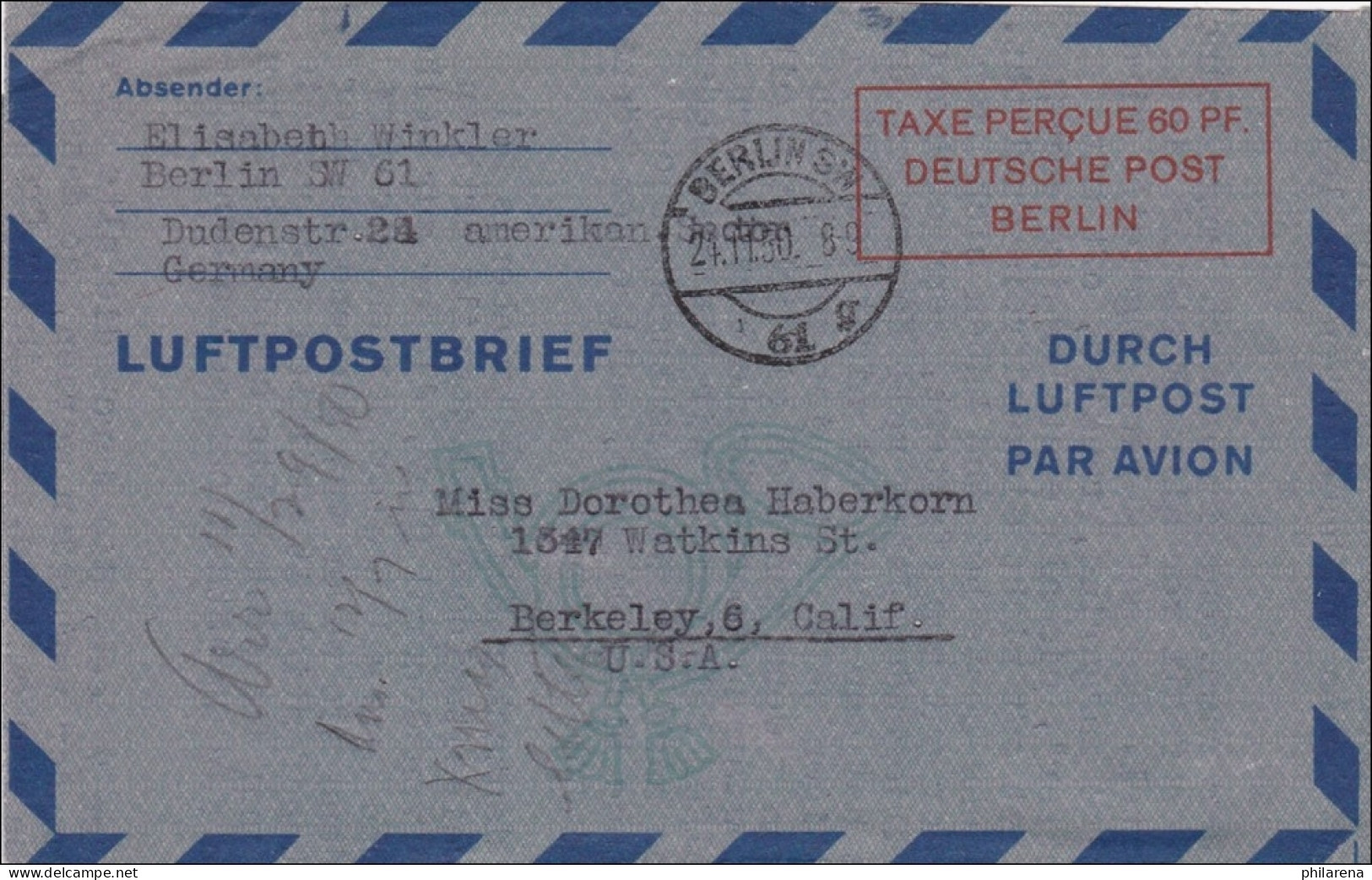 Luftpostbrief - Taxe Percue Deutsche Post Berlin 1950 Nach USA - Covers & Documents