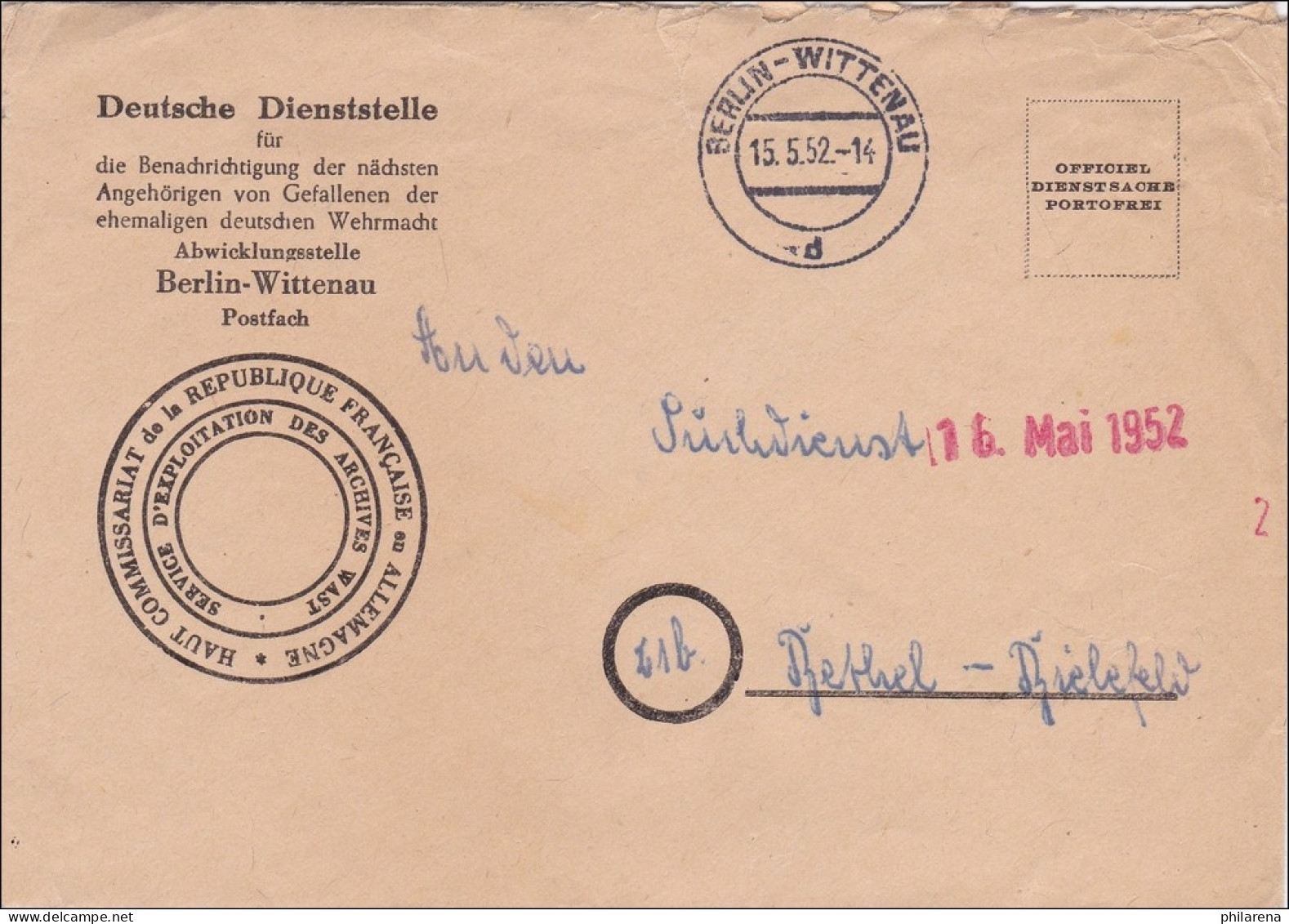 Benachrichtigung Der Angehörigen Von Gefallenen 1952, Bethel-Bielefeld - Lettres & Documents