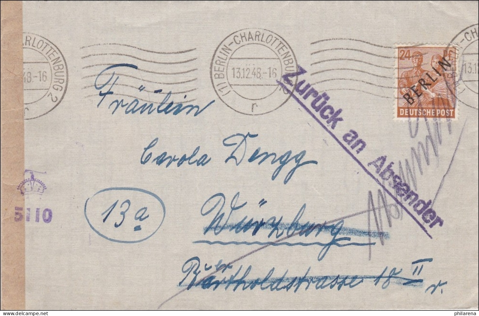 Brief 1948 Nach Würzburg Und Zurück - Zensur - Brieven En Documenten