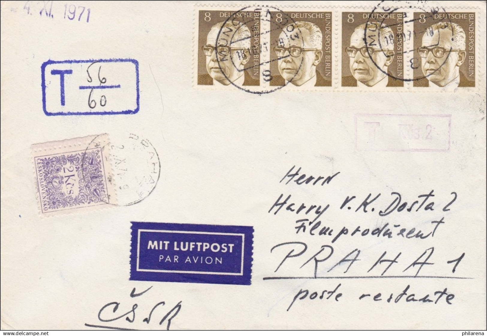 Brief Als Luftpost Mit MeF Nach Prag Mit Nachgebühr 1971 - Covers & Documents