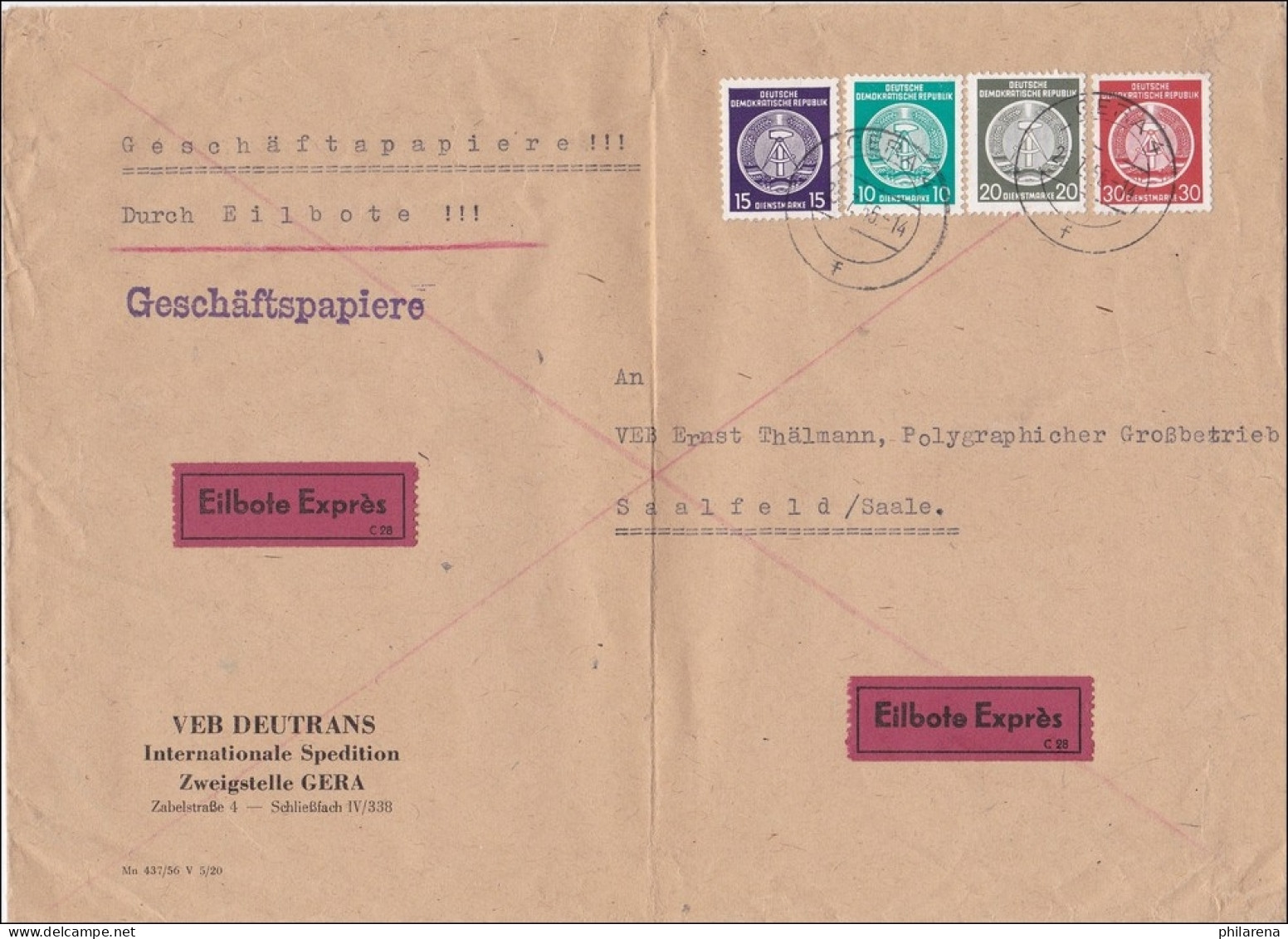 DDR:  Geschäftspapiere 1955 Als Eilbote Von Gera Nach Saalfeld - Lettres & Documents