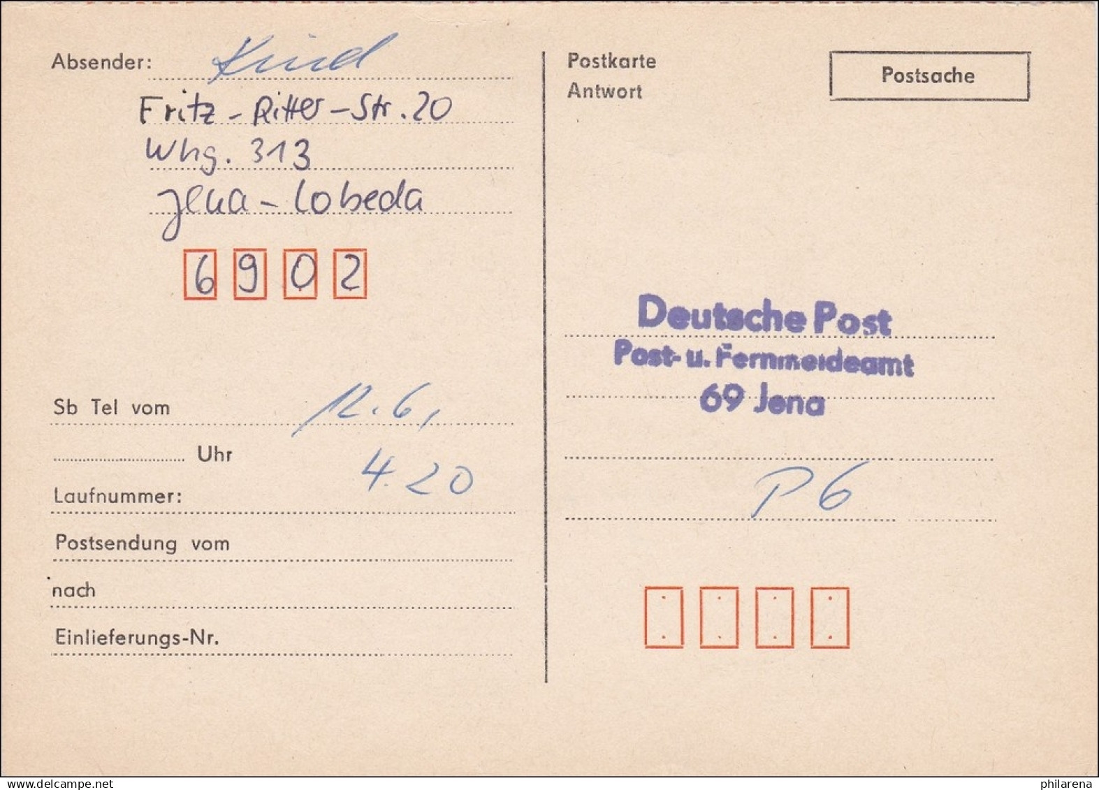 DDR:  Antwortpostkarte Als Postsache Jena - Lettres & Documents