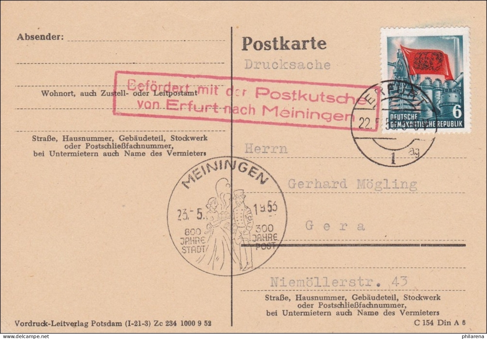 Postkarte/Drucksache Von Meiningen 1953 - Befördert Mit Postkutsche Von Erfurt - Covers & Documents