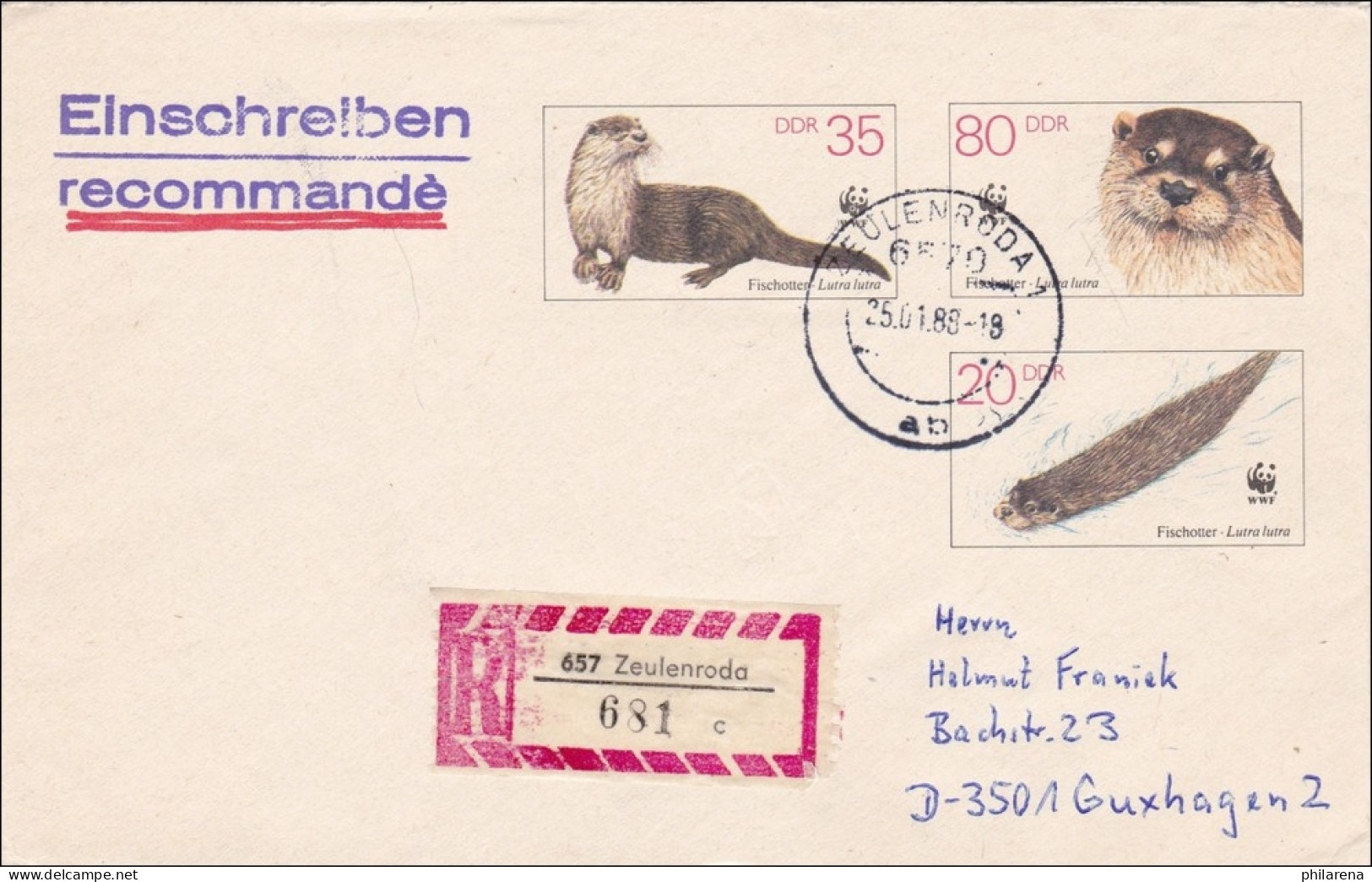 1988: Einschreiben Aus Zeulenroda Nach Guxhagen - Fischotter - Ganzsache U7 - Lettres & Documents