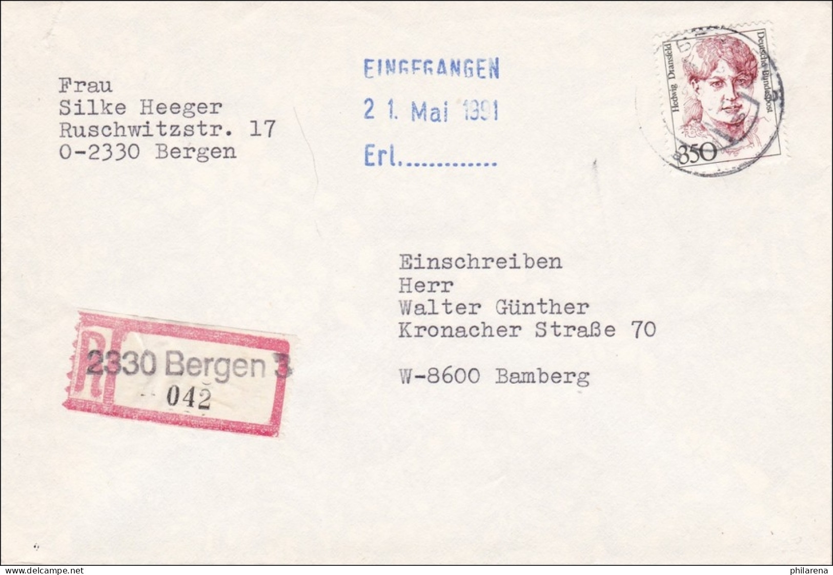 DDR:  1991 - Einschreiben Aus Bergen Nach Bamberg - Briefe U. Dokumente