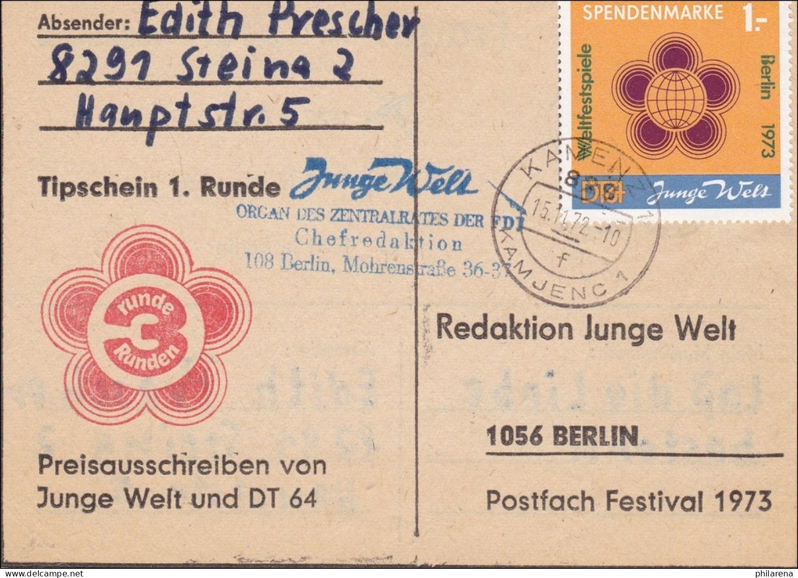 DDR:  1972: Tipschein Aus Steina Nach Berlin - Redaktion Junge Welt, FDJ - Brieven En Documenten