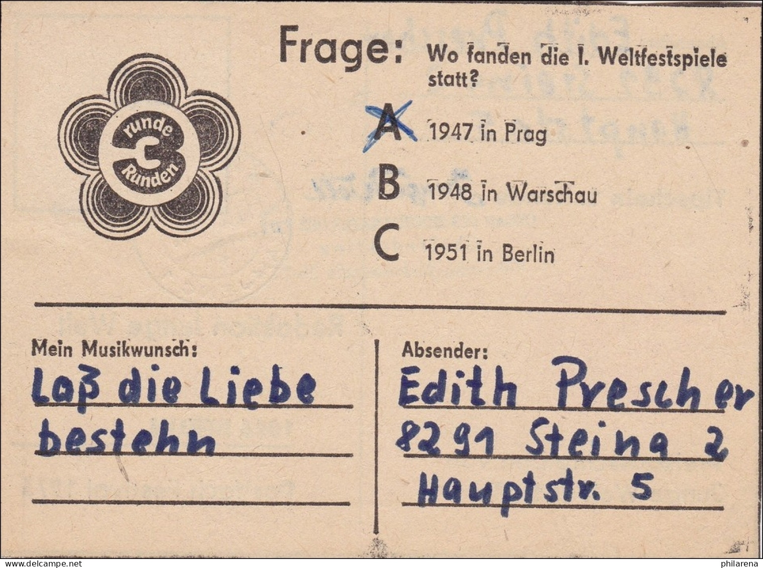 DDR:  1972: Tipschein Aus Steina Nach Berlin - Redaktion Junge Welt, FDJ - Briefe U. Dokumente