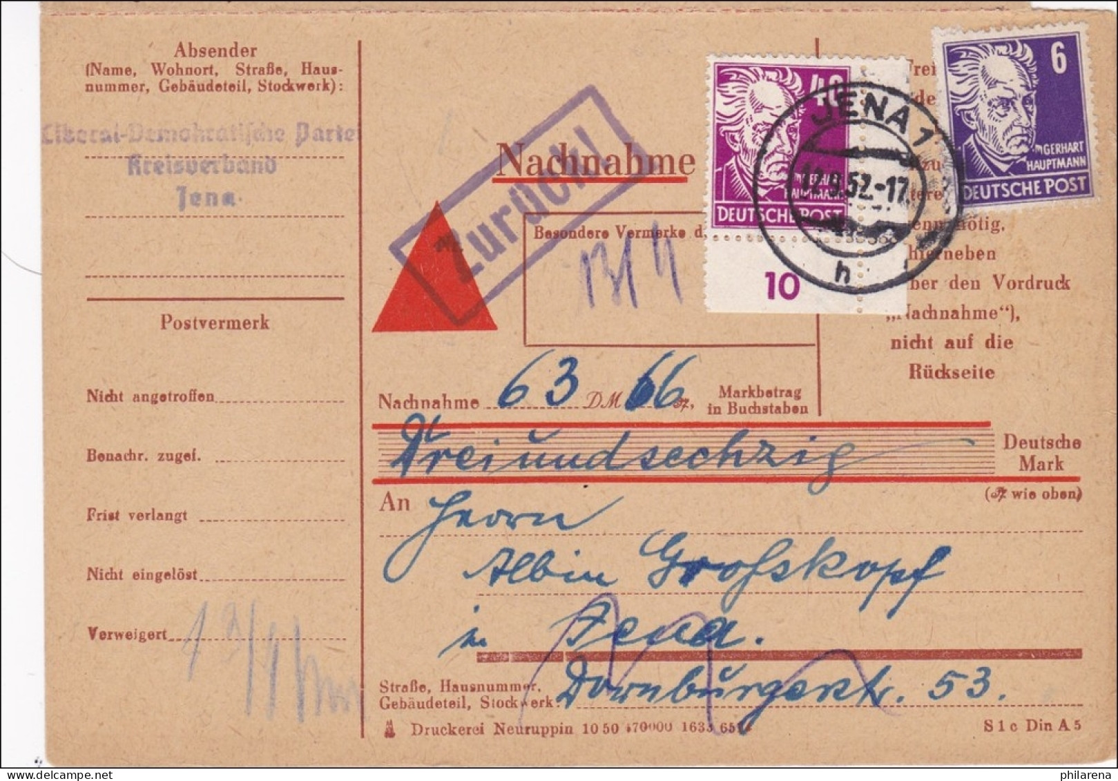 DDR:  1952: Nachnahme Paketkarte Von Jena - Zurück Köpfe II, Eckrand - Lettres & Documents