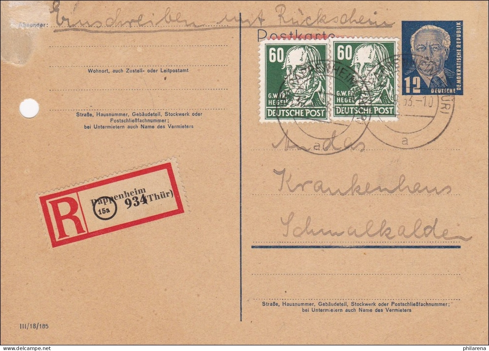 DDR:  1953: Ganzsache Als Einschreiben Von Pappenheim Nach Schmalkhalden - Lettres & Documents