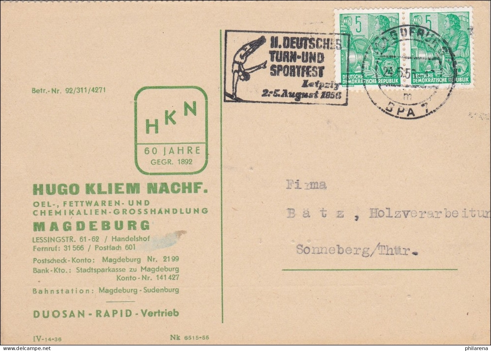 1956: Postkarte Farbenbestellung Magdeburg Nach Sonneberg-Werbestempel Turnfest - Brieven En Documenten
