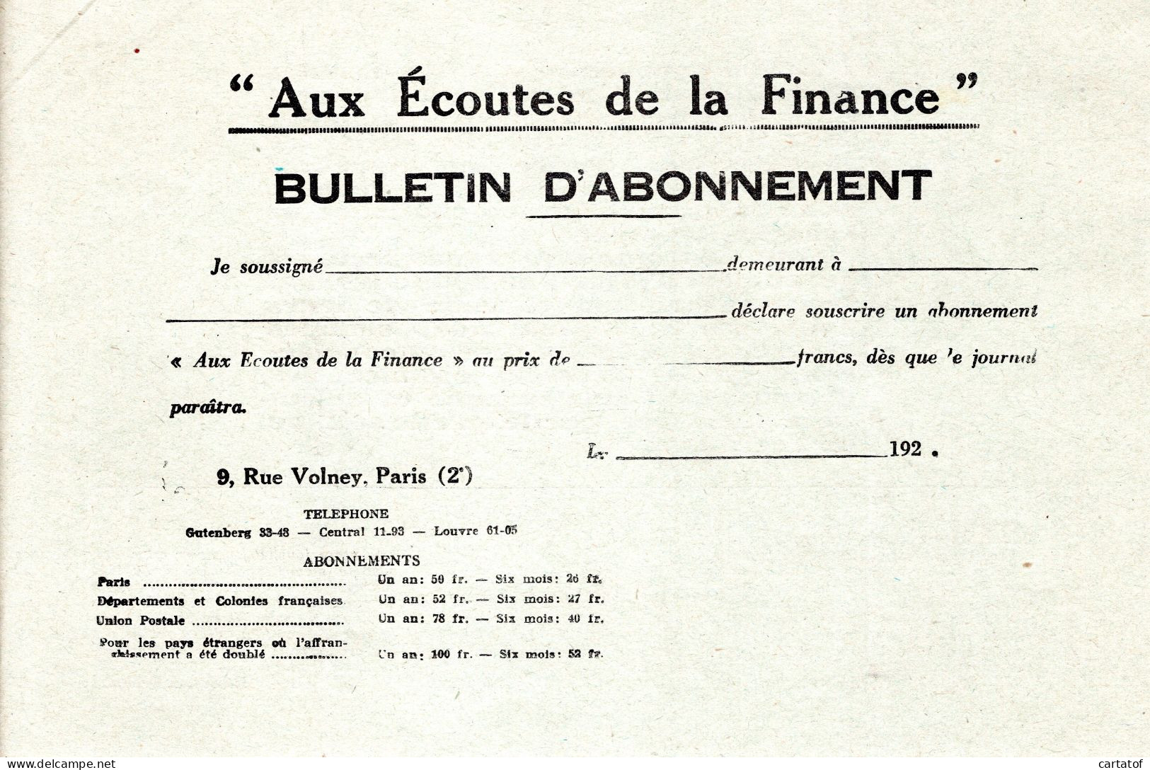 Bulletin D'Abonnement à La Revue  AUX ECOUTES DE LA FINANCE - 1900 - 1949