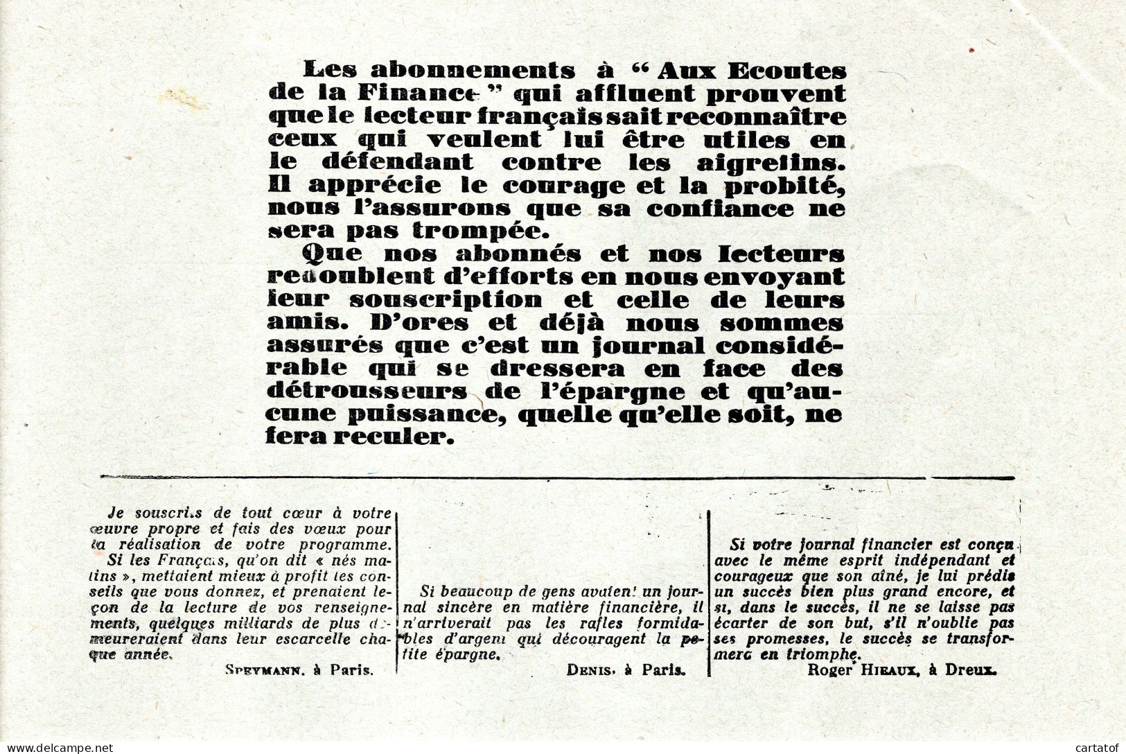 Bulletin D'Abonnement à La Revue  AUX ECOUTES DE LA FINANCE - 1900 - 1949