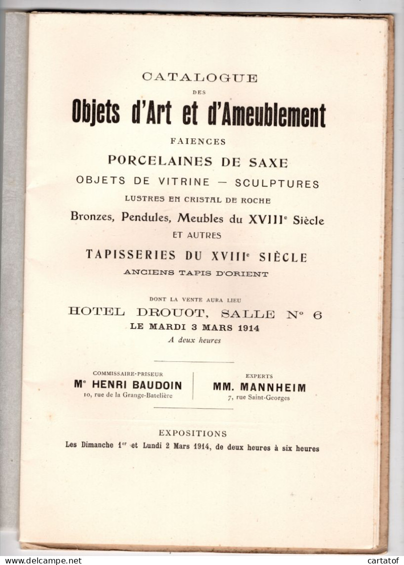 VENTE HOTEL DROUOT Du 3 Mars 1914 .  Objets D'Art Ameublement Tapisseries Tapis D'Orient BAUDOIN MANNHEIM - Programas