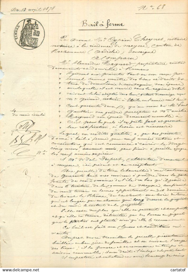 Bail à Ferme En 1878 CHEYNET Notaire à Meysse Pour Alexandre MAYNARD … - Manuscrits