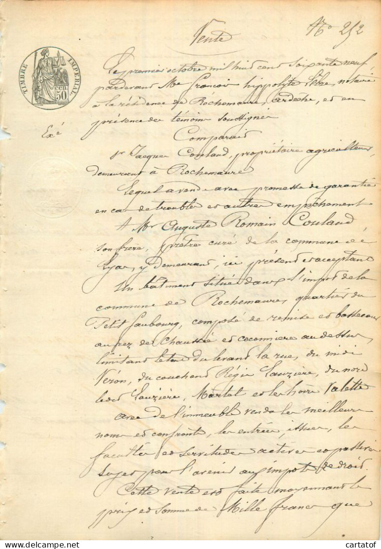 Vente En 1869 Notaire Lèbre à Rochemaure Mr Coulaud … - Manuscrits