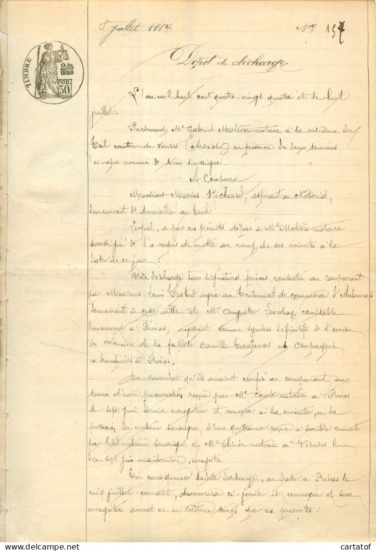 Dépôt De Décharge En 1884 Notaire Molière ? Au TEIL Mr MARIUS RICHARD - Manuscripten