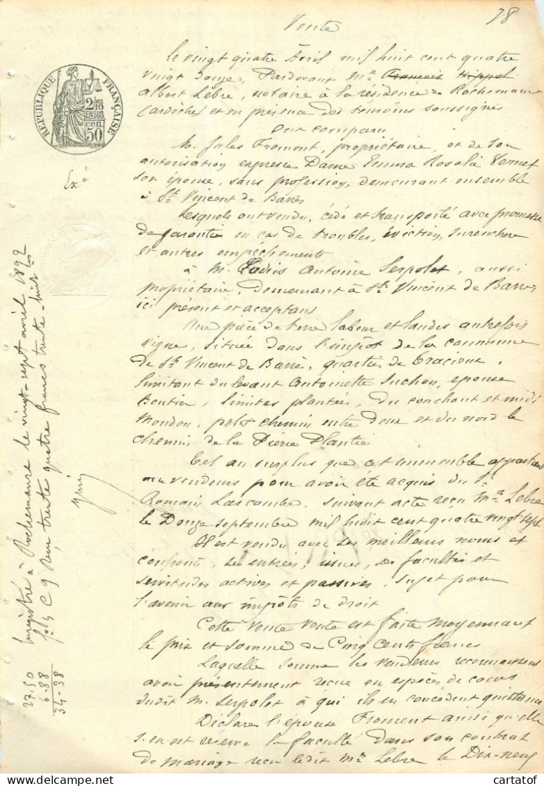 Vente En 1892 ; Notaire Lèbre à Rohcemaure. Mr FROMENT … - Manoscritti