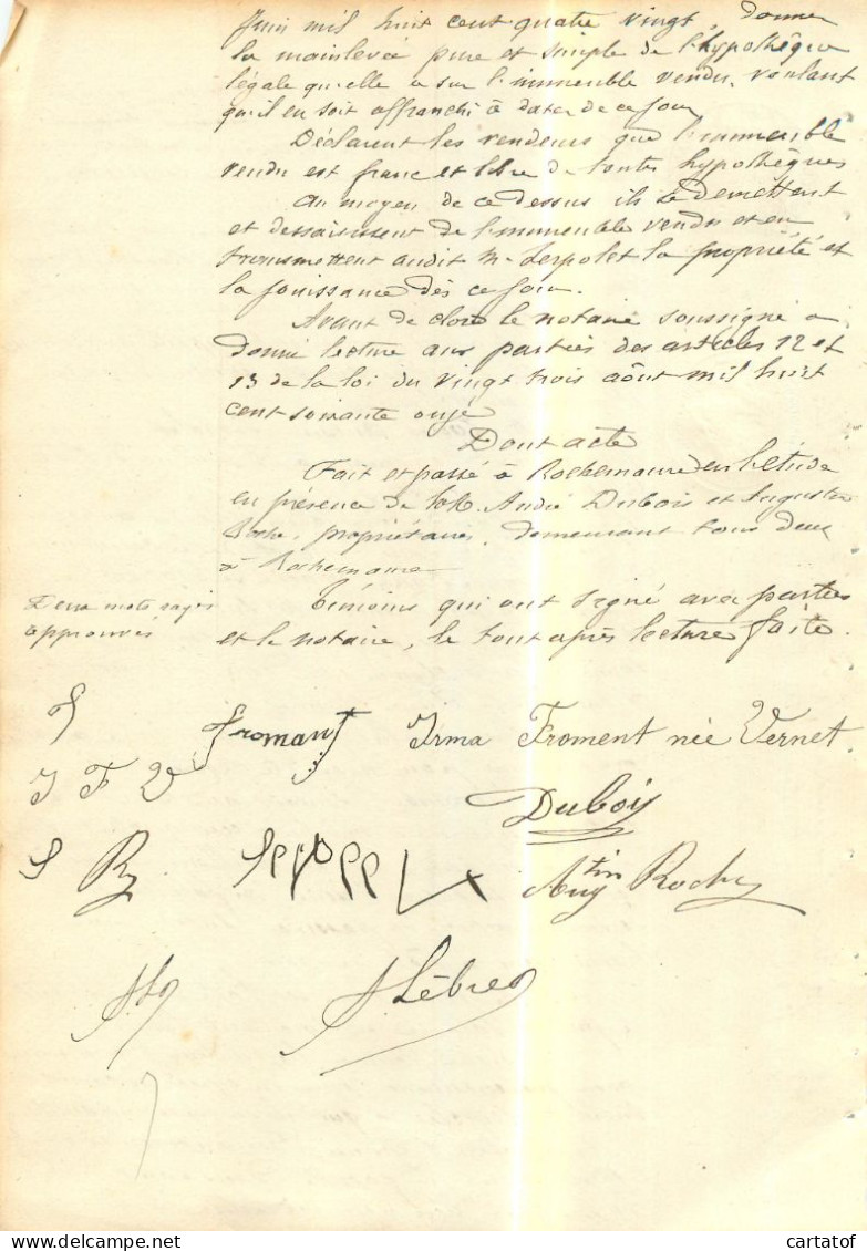 Vente En 1892 ; Notaire Lèbre à Rohcemaure. Mr FROMENT … - Manuscrits
